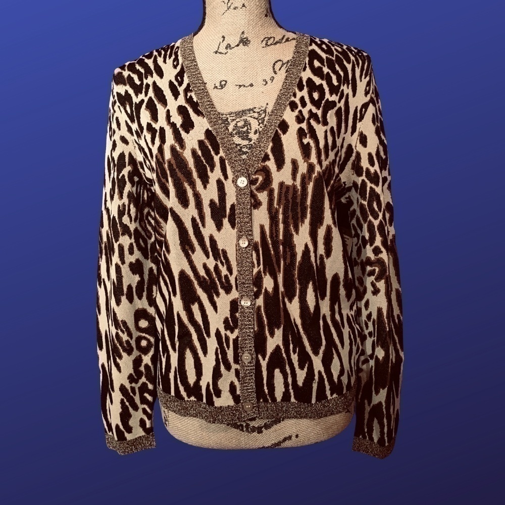 JONES NEW YORK Cardigan, NWT, Long Sleeves, BROWN/TAN LEOPARD, Size M